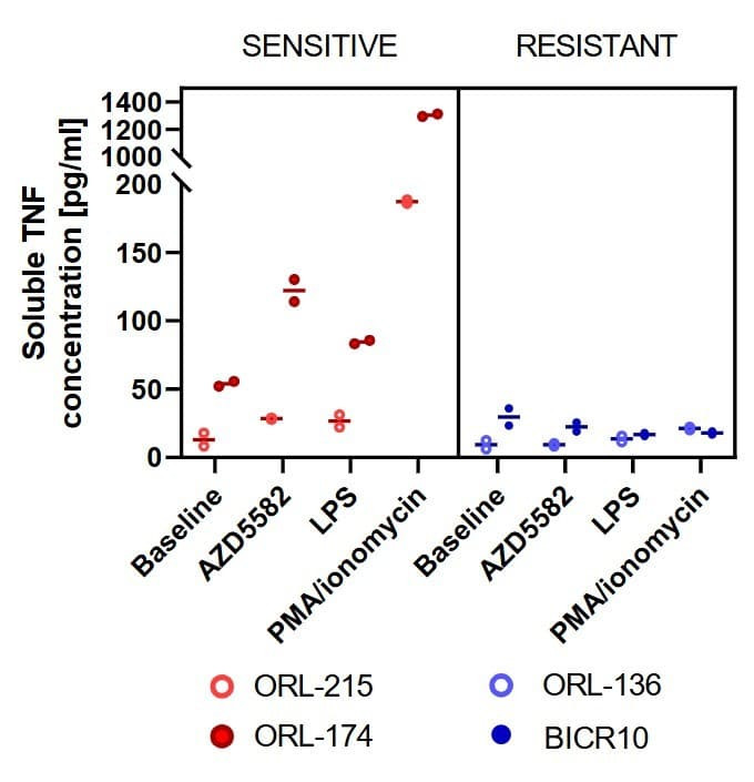 ELH-TNFa was used to measure soluble TNF levels in conditioned media from AZD5582-sensitive and -resistant oral squamous cell carcinoma cell lines. Figure adapted from Chai et al., Cancer Research Communications, 2024.