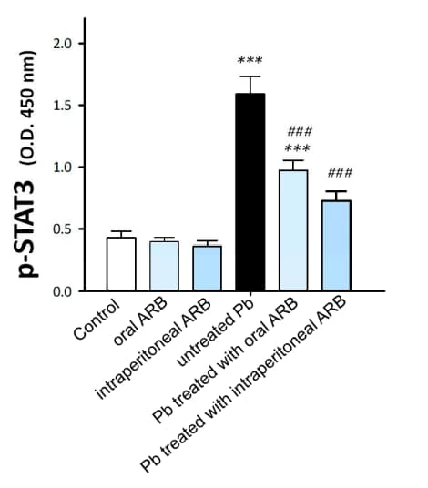 RayBiotech's PEL-STAT3-Y705 ELISA kit assessed STAT3 phosphorylation, showing that arbutin reduced p-STAT3 in lead acetate-induced testicular injury. Figure adapted from Arab et al., Pharmaceuticals, 2024.