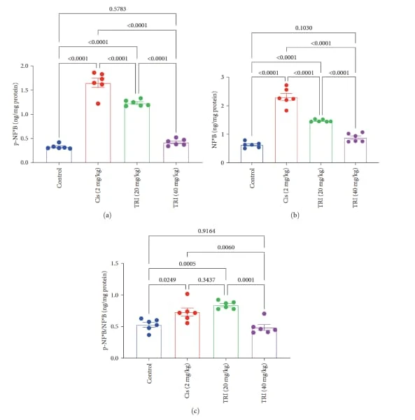 RayBio® Phospho- and Total NFκB ELISA Kits assessed NFκB activation in sciatic nerve tissue after Trimetazidine treatment. Figure adapted from Elbaset et al., Oxidative Medicine and Cellular Longevity, 2024.