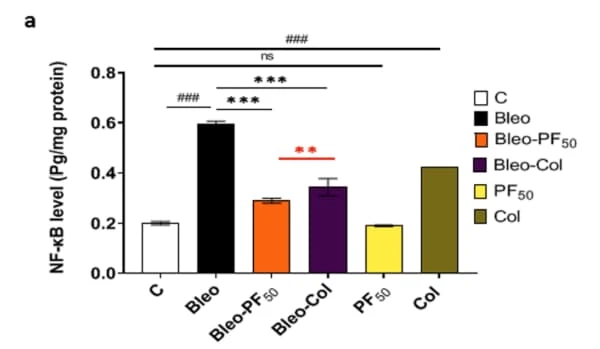 RayBio® NF-κB ELISA Kit was used to assess inflammatory mediator levels in lung tissue following PF50 treatment in a bleomycin-induced pulmonary injury model. Figure adapted from Habashy et al., Biomedicine & Pharmacotherapy, 2023.