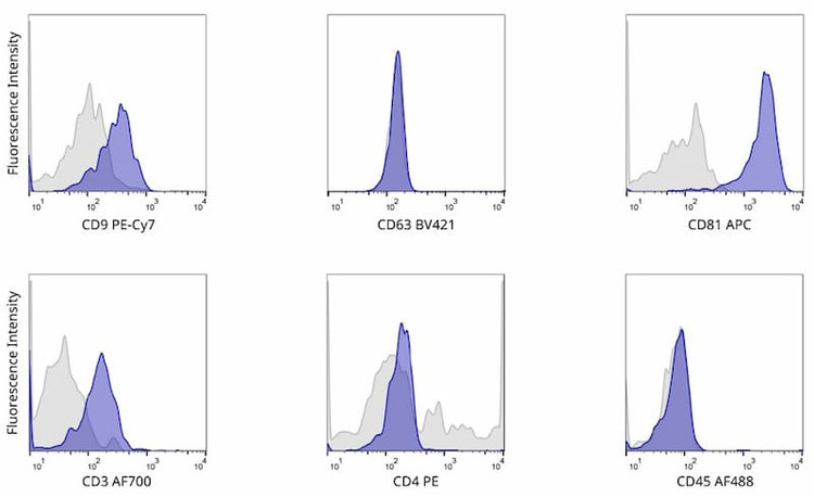 Jurkat exosomes were captured by bead-based immunoprecipitation, stained with dye-conjugated antibodies against specific surface markers, and analyzed via flow cytometry.