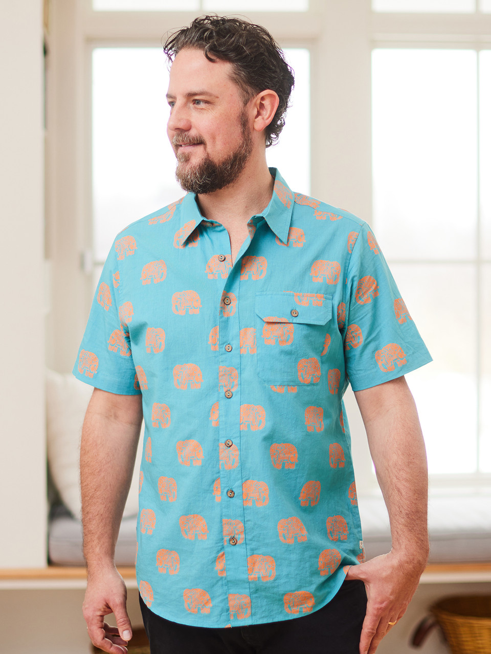 elephant dress shirt Black Elephant Print Men's Cotton Shirt: Boho Hippie Style