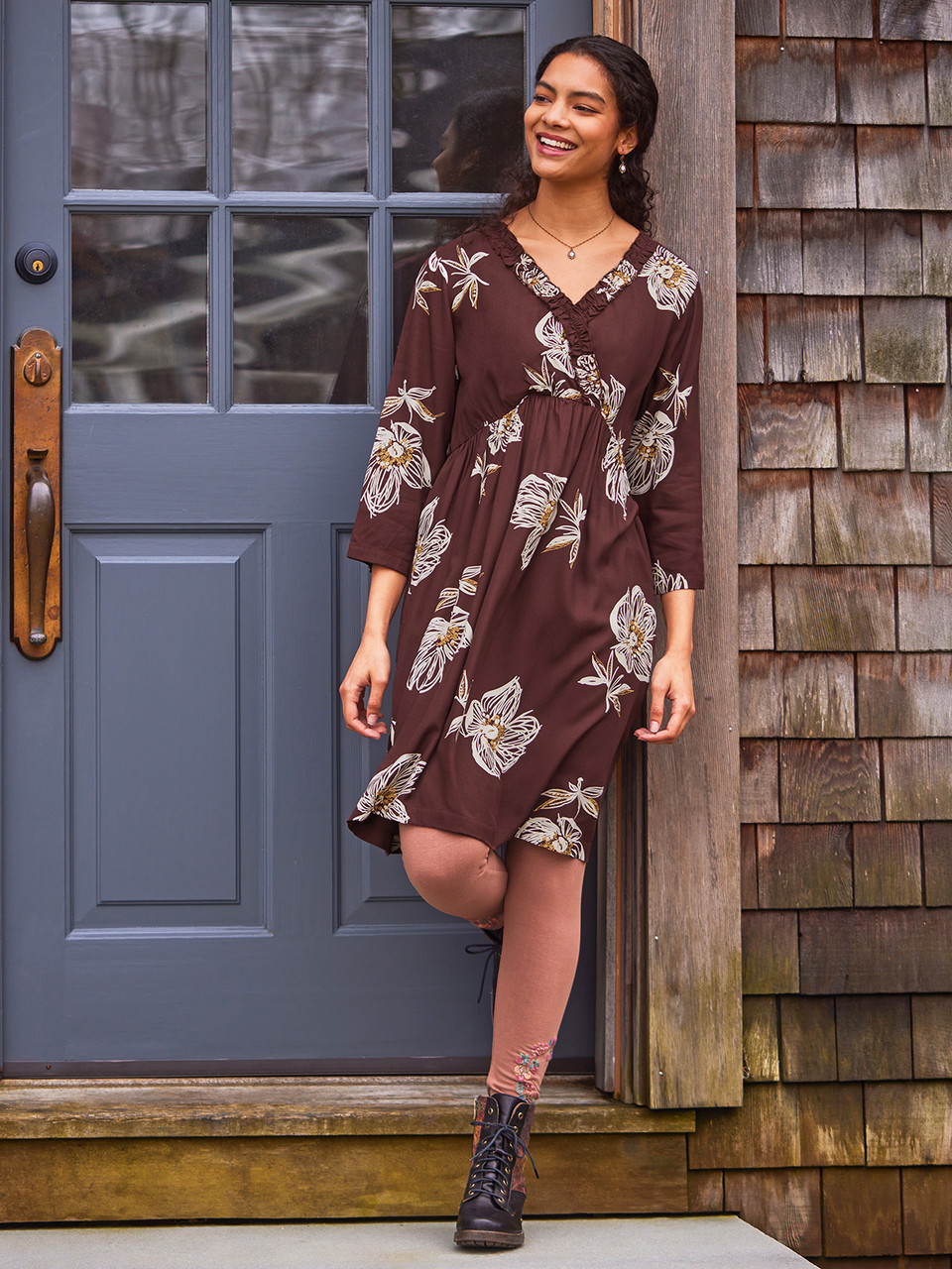 Circurar sleeve flower dress ブラウン Circurar sleeve flower dress（ドレス）｜LE'RURE（リルアー）の