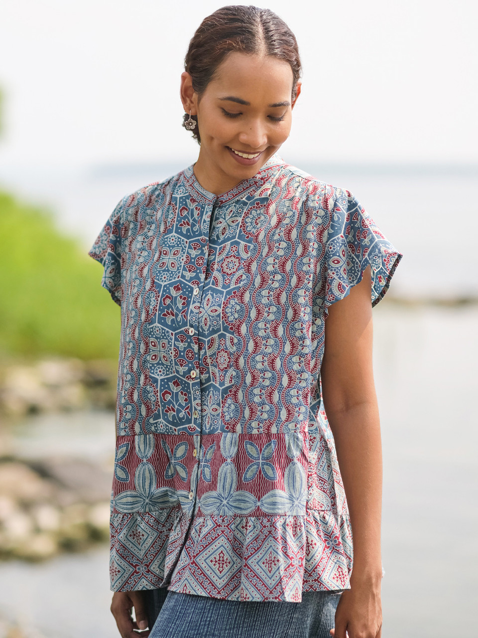 ARTS＆SCIENCE gather blouse indigo Ancient Indigo Craft Blouse - Indigo | Shop Beautiful Designs by