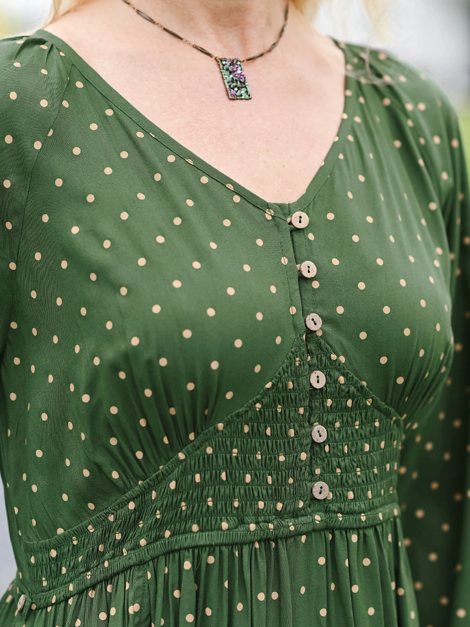 Winnie Dot Peasant Dress - Green