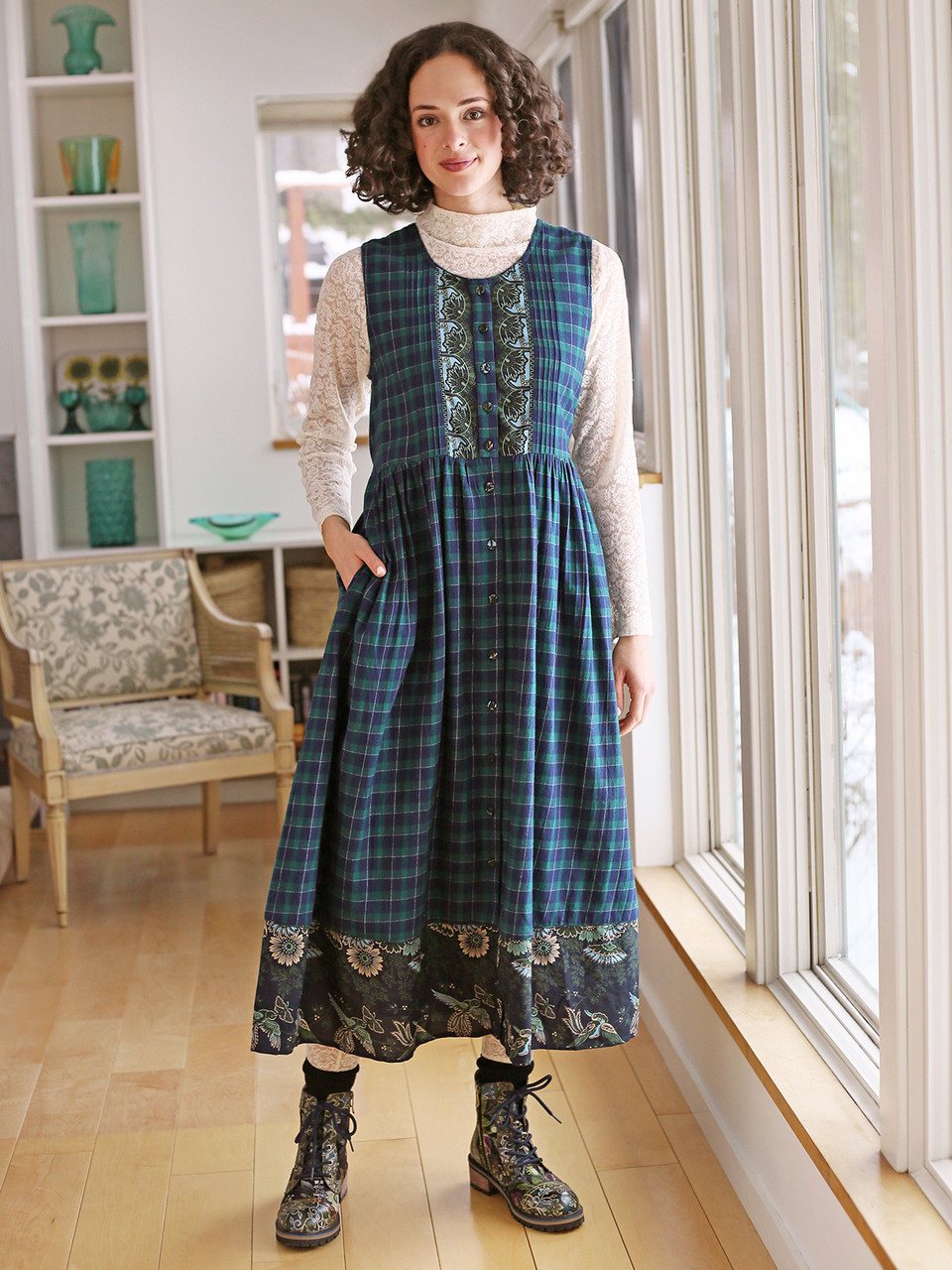 Juniper Check Pinafore Dress - Navy Green | Shop Beautiful Designs