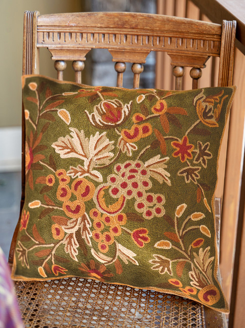 Bountiful Harvest Crewel Cushion Cover - Olive