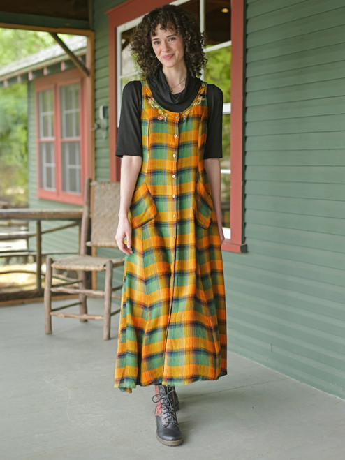Boreal Check Pinafore Dress - Green Gold