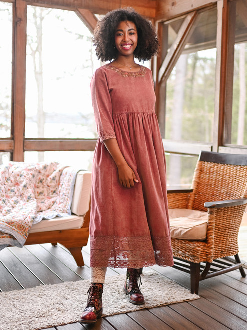 Happy Mushroom Corduroy Dress - Sunwashed Maroon