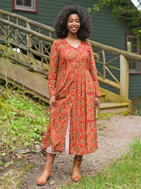 Floral Medallion Peasant Dress - Burnt Orange