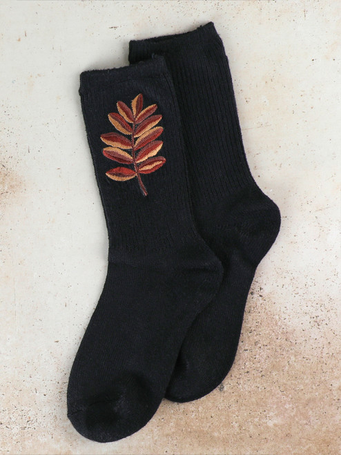 Retro Golden Leaf Crew Sock - Black