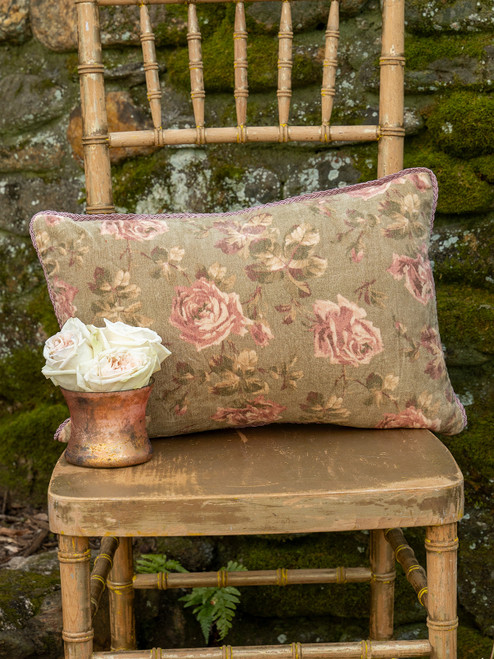 Vintage Rose Velvet Cushion with Filler - Olive