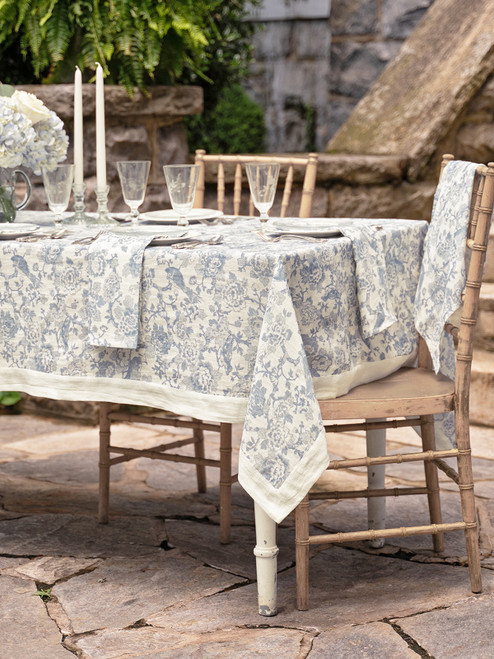 Zen Garden Linen Tablecloth - White Blue