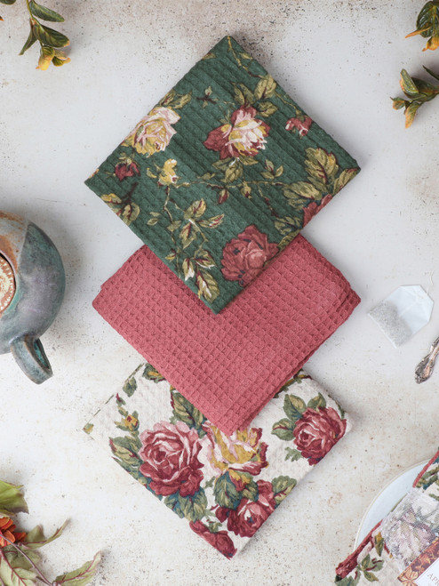 Winter Rose Patchwork Tea Towel Bundle Set of 3 - Antique