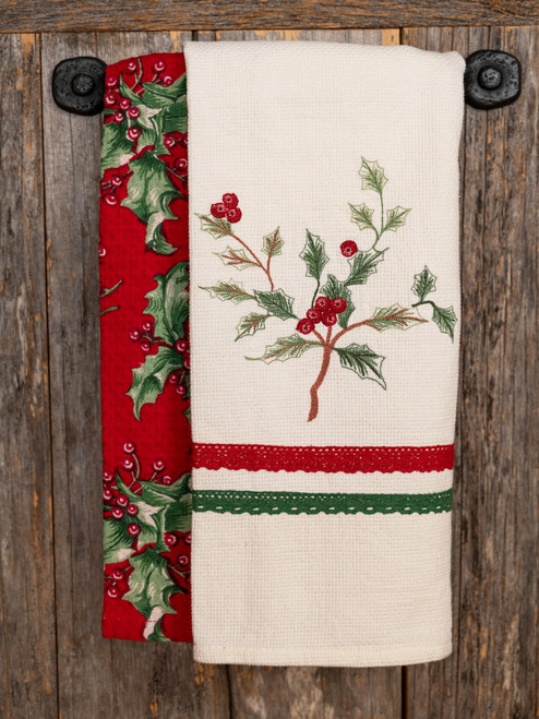 Holly Embroidered Tea Towel Set of 2 - Ivory