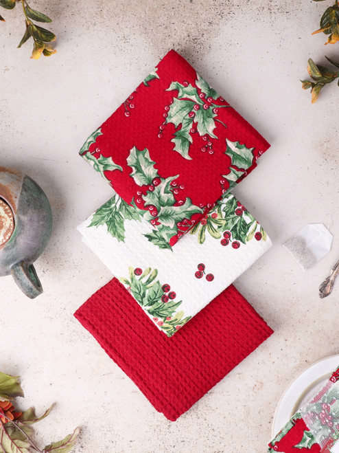 Holly Snow Patchwork Tea Towel Bundle Set of 3 - Multi