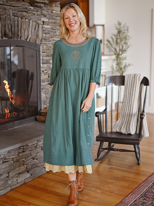 Cameo Embroidered Dress - Vintage Aqua