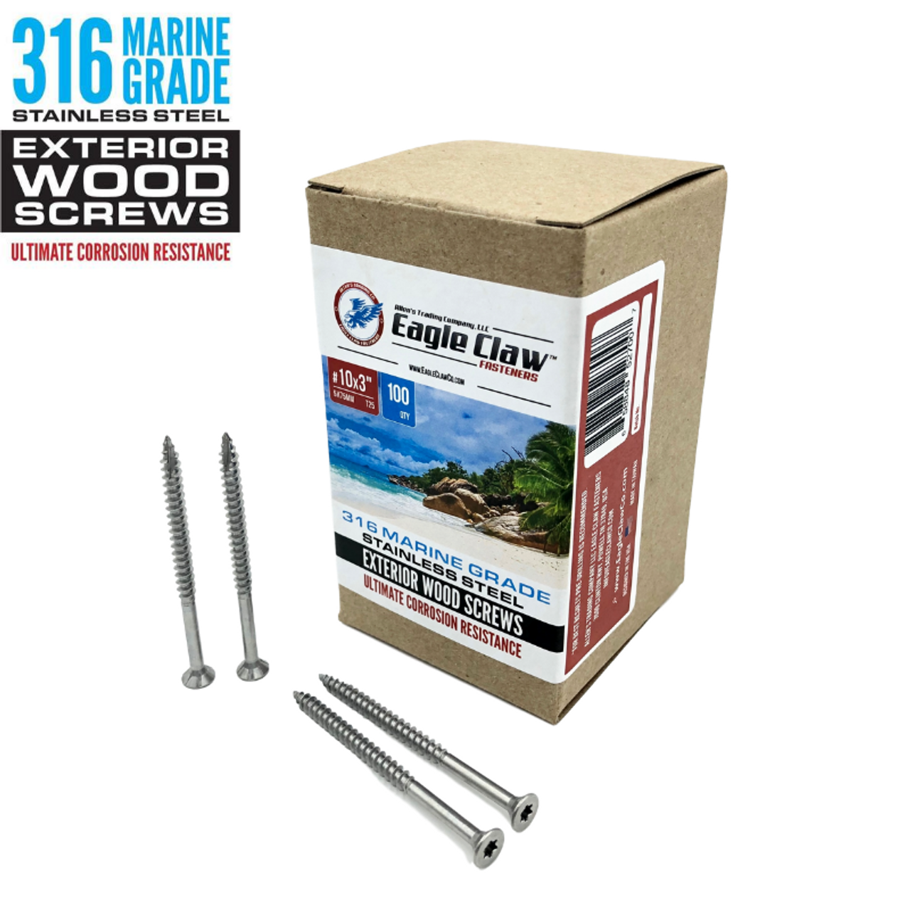 #10 x 3 inch 316 Marine Grade Stainless Steel Wood Screws 100 Pack T25 Star Drive Type 17 Point for Docks, Decks, Jetties, Fences or Any Coastal