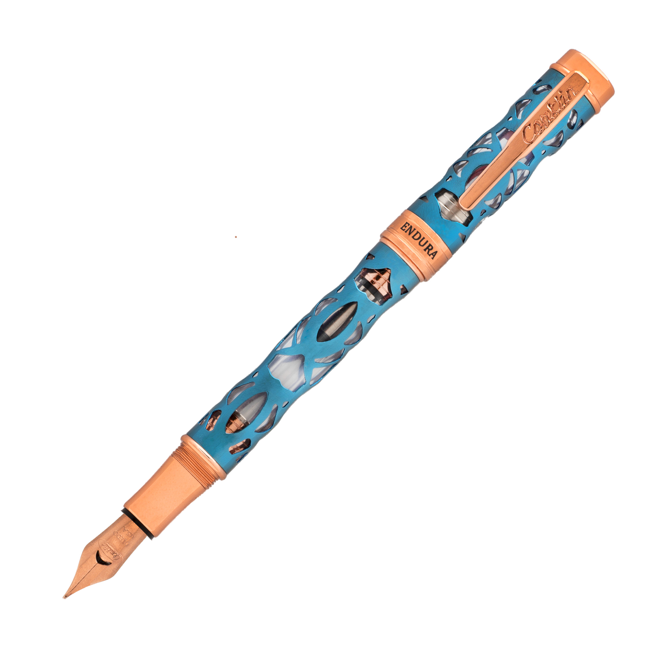 <HKさま専用＞フェントン ブルーイリデセントグラス・プラムクレスト コンポート Conklin Endura Deco Crest Fountian Pen Demo/Blue/Rosegold