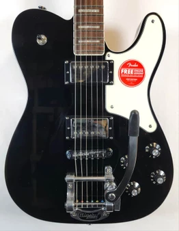 Squier Paranormal Troublemaker Telecaster Deluxe Bigsby Electric Guitar, Laurel Fingerboard, Parchment Pickguard,  Black