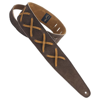 Henry Heller HPDG-02 2.5" Chocolate Capri Suede With Decorative David Gilmour Style Brown Leather X's Design Guitar Strap