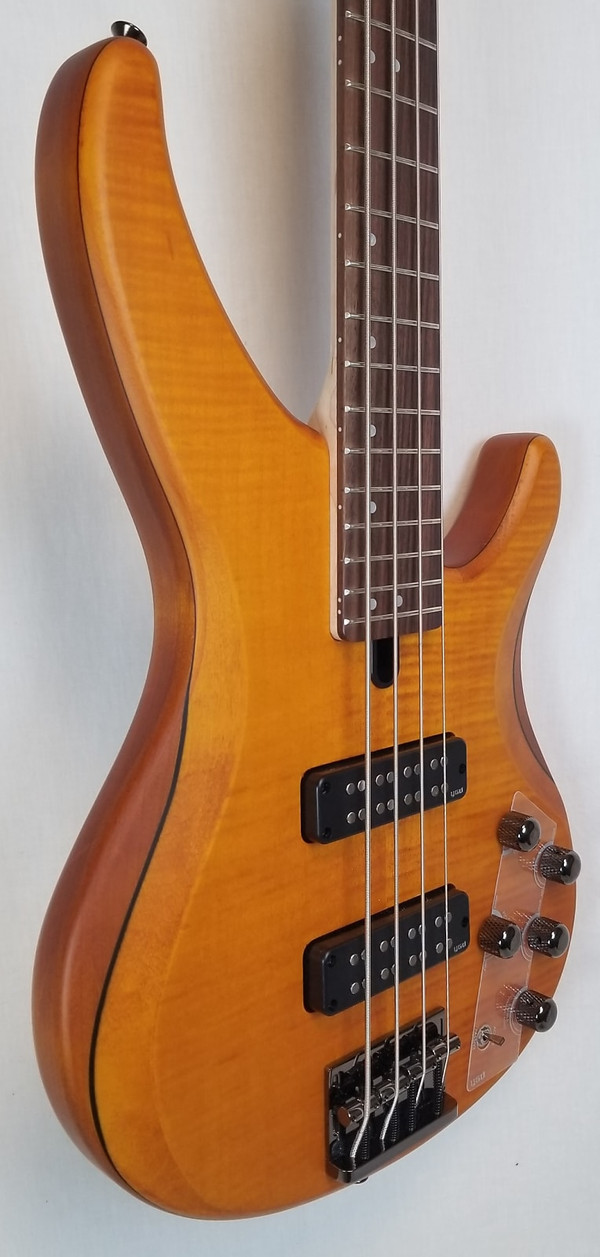 Yamaha TRBX604FM Flame Top 4 String Electric Bass, 3-Band Active EQ , Matte Amber