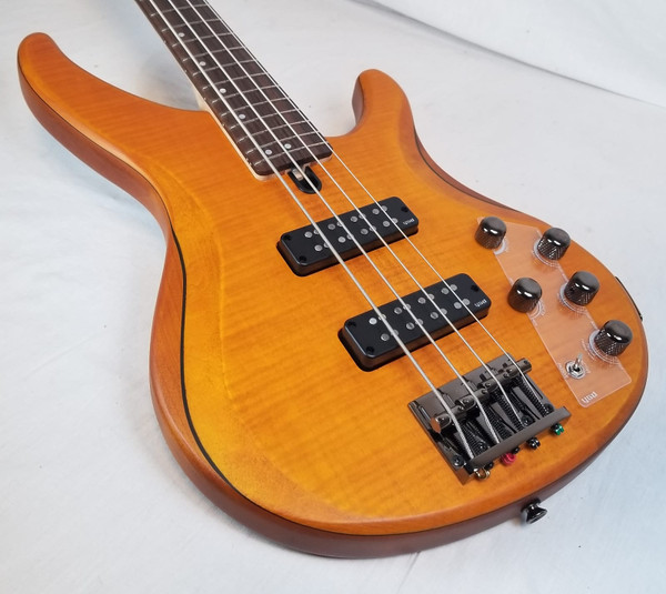 Yamaha TRBX604FM Flame Top 4 String Electric Bass, 3-Band Active EQ , Matte Amber