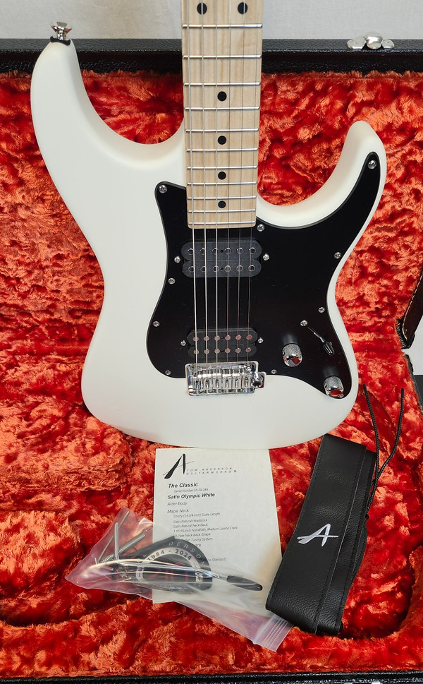 Tom Anderson Classic Shorty 24 3/4 inch Scale , 62 Pete Neck Shape Electric Guitar, Satin Olympic White W/Case