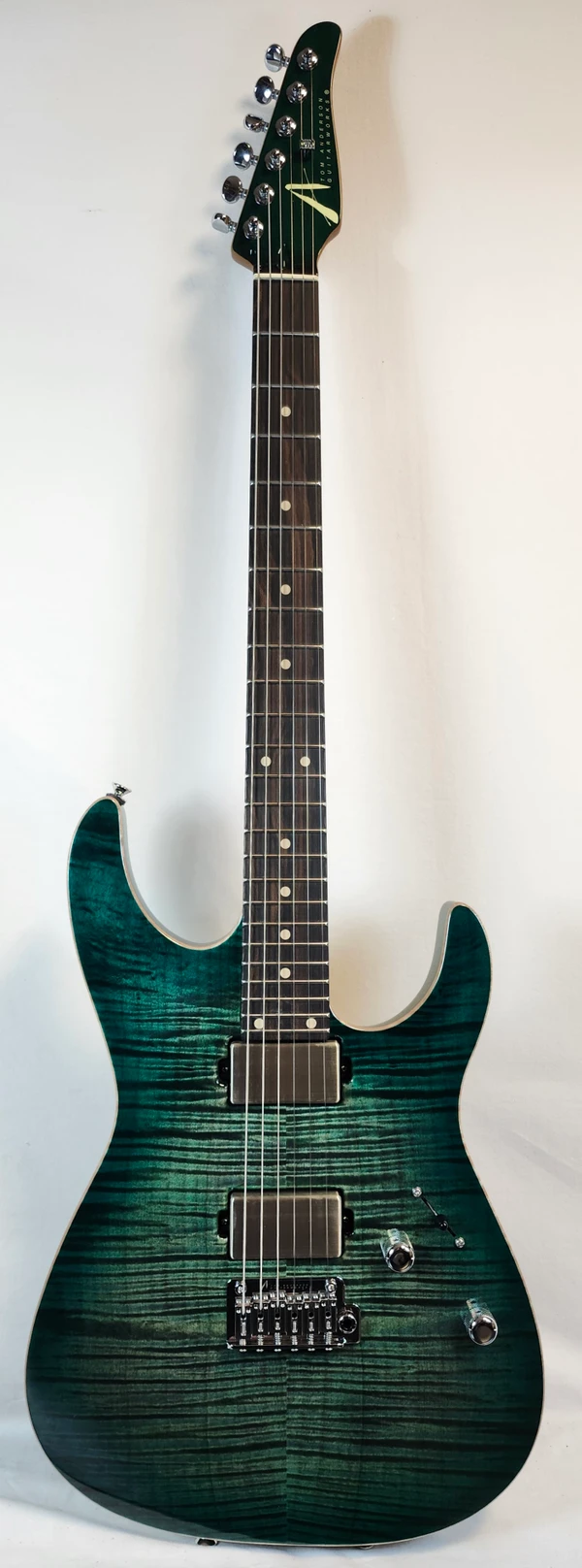 Tom Anderson Angel, Flame Maple Top, Ziricote FB, HC1/HC2+, Cajun Key Lime to Teal Burst, w/Bag