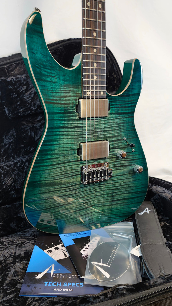 Tom Anderson Angel, Flame Maple Top, Ziricote FB, HC1/HC2+, Cajun Key Lime to Teal Burst, w/Bag