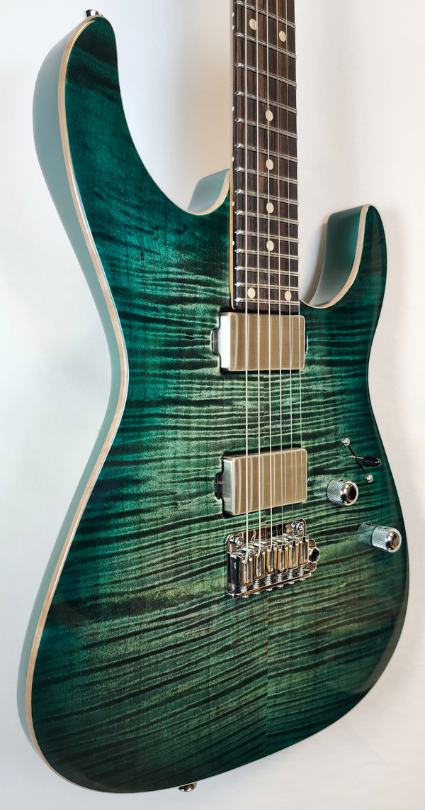 Tom Anderson Angel, Flame Maple Top, Ziricote FB, HC1/HC2+, Cajun Key Lime to Teal Burst, w/Bag