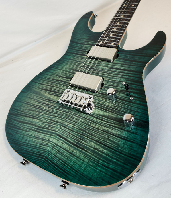 Tom Anderson Angel, Flame Maple Top, Ziricote FB, HC1/HC2+, Cajun Key Lime to Teal Burst, w/Bag