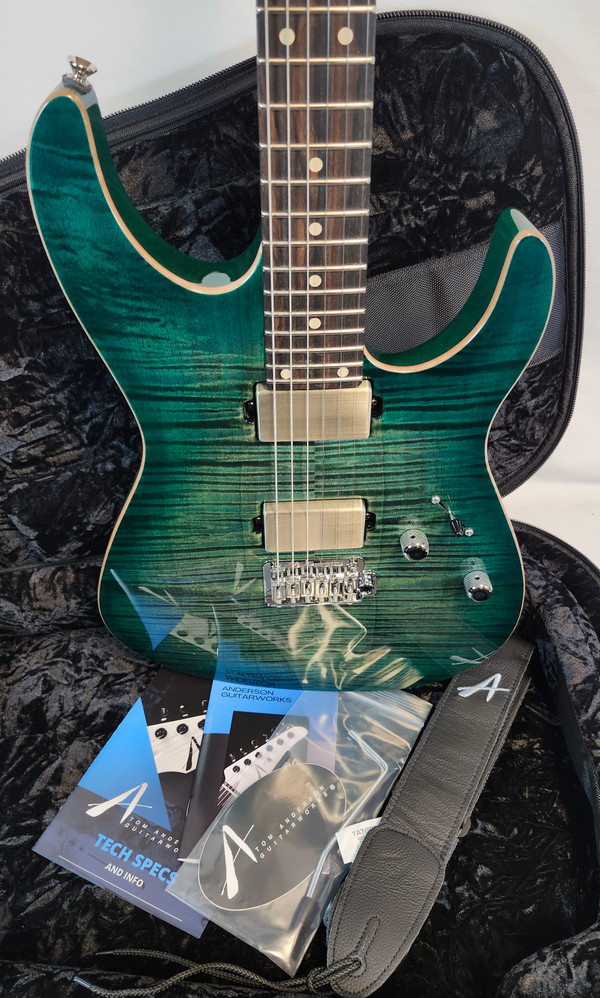 Tom Anderson Angel, Flame Maple Top, Ziricote FB, HC1/HC2+, Cajun Key Lime to Teal Burst, w/Bag