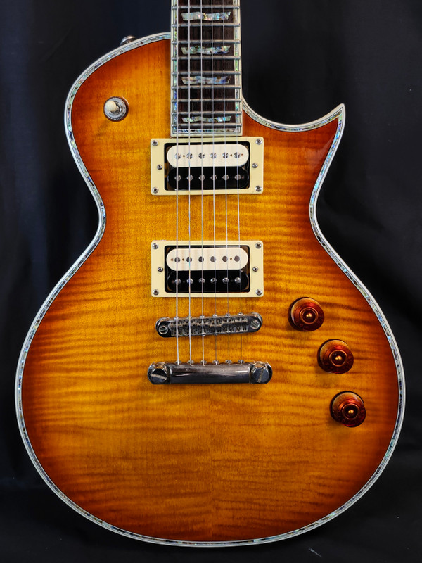 ESP LTD EC-1000FM Deluxe, AA Flame Maple Top, Seymour Duncan Slash APH-2 Set, Amber Sunburst, Korea, w/HSC 2017