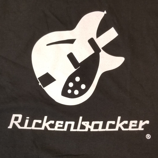 Rickenbacker Cotton Preshrunk Large T-Shirt. R Tailpiece Logo On Front, Guitar Image On Back. Black