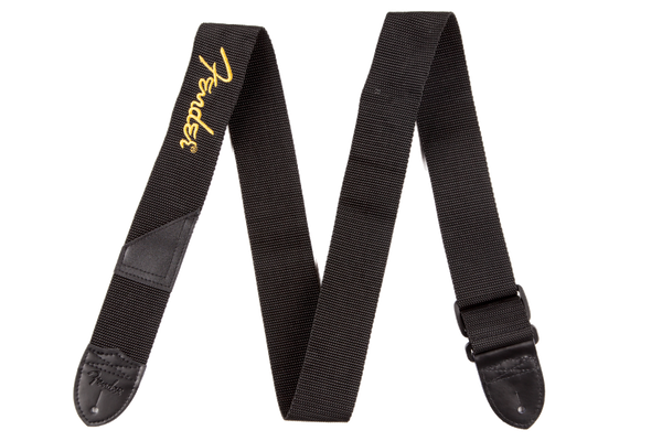 Fender 2 inch Black Poly Guitar Strap Yellow Fender Logo 099-0662-070