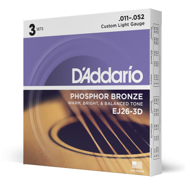 D'Addario EJ26-3D 3-Pack Phosphor Bronze Acoustic Guitar String Set Custom Light Gauge 11-52