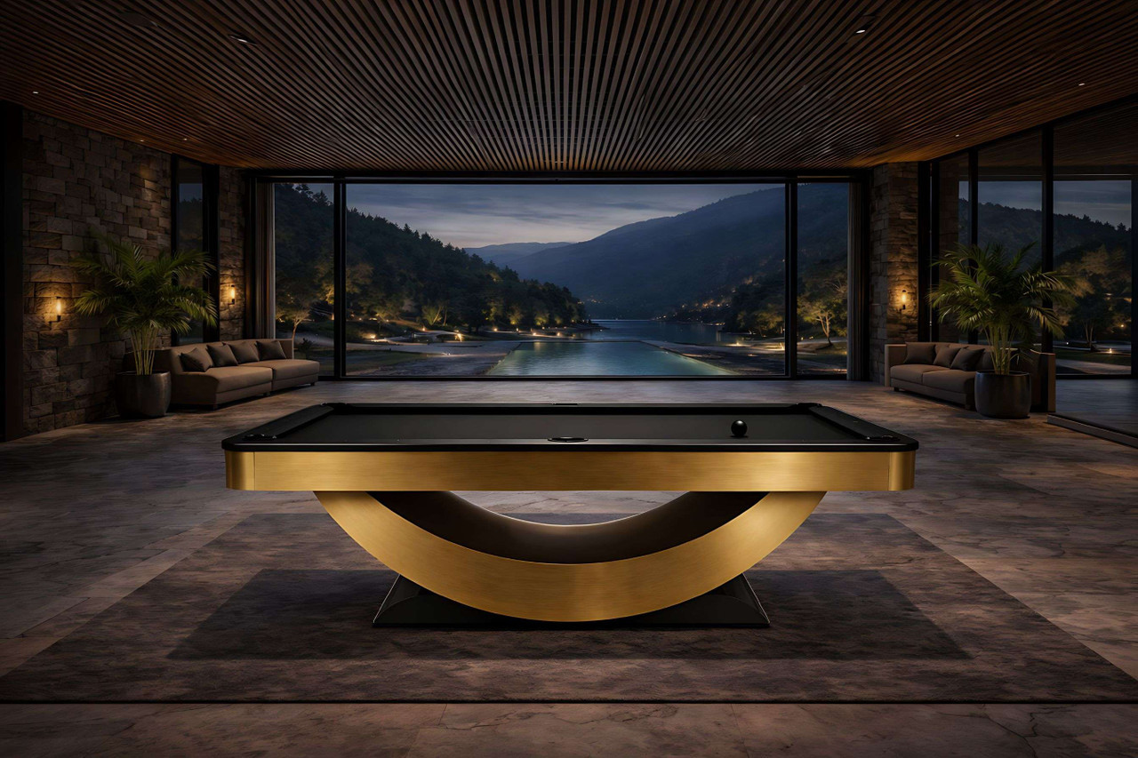Doc & Holliday Poshy brass-base slate pool table overlooking a lake