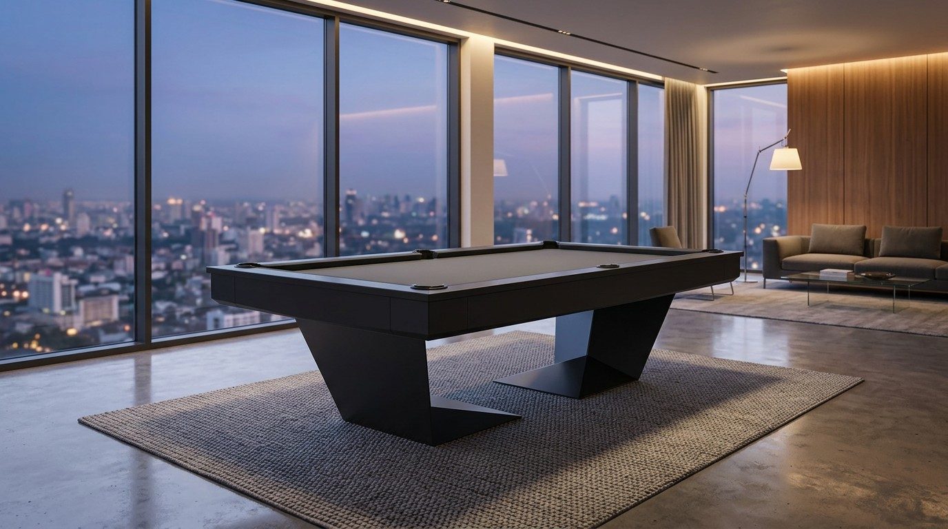 Doc & Holliday TRON matte-black slate pool table in a penthouse game room