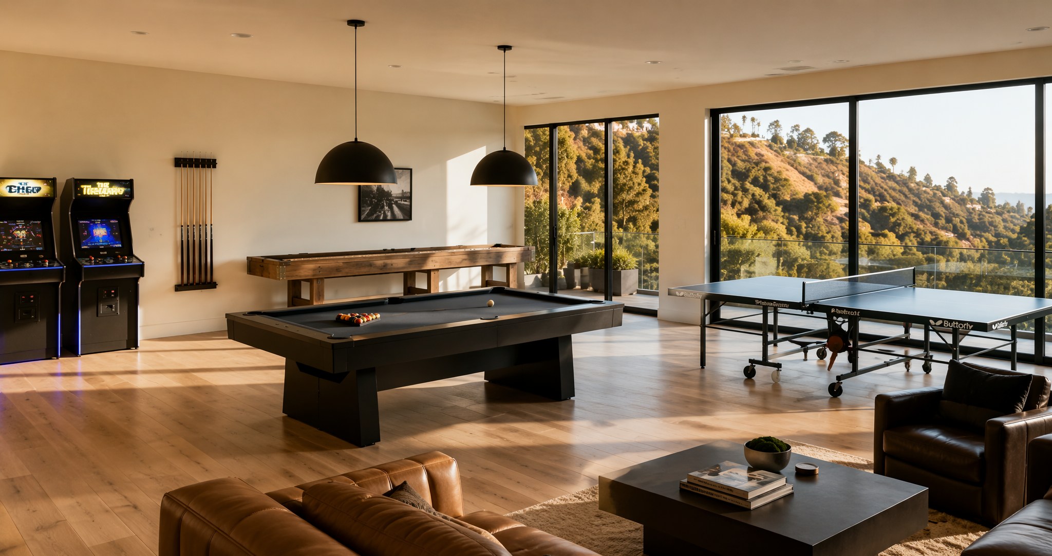 A slate pool table staged in a modern game room