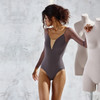 Nikolay DA1931MN Carlotta Long Mesh Sleeve Leotard with Tan V Inset - Medium Taupe Nikolay DA1931MN Carlotta Long Mesh Sleeve Leotard with Tan V Inset - Medium Taupe
