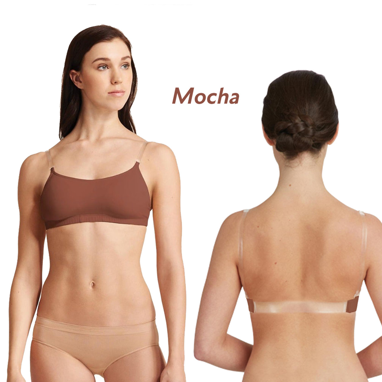 Capezio Mocha Deep Neck Clear Back Bra 3777W