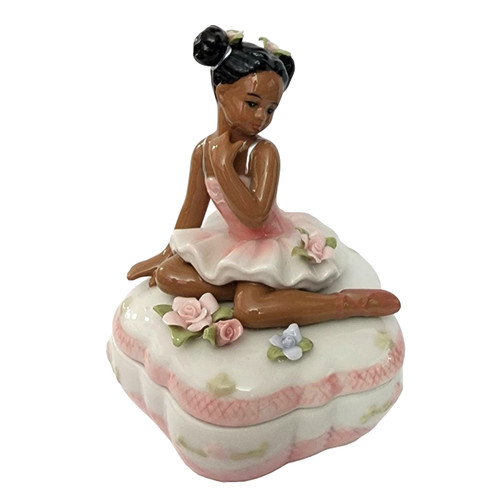 Nutcracker Ballet Gifts 10600 Porcelain Trinket Box with African American Ballerina Sitting in Pink Dress
