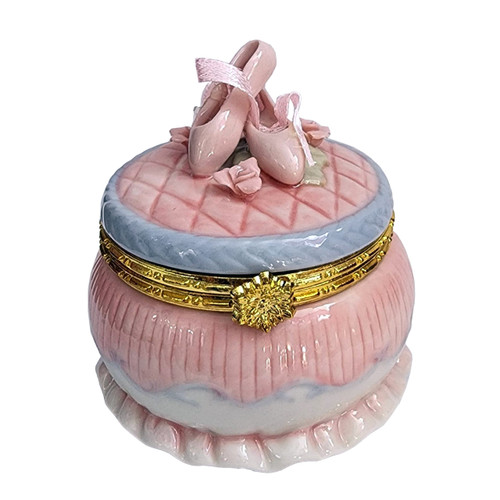 Nutcracker Ballet Gifts 10605 Round Porcelain Trinket Box with Decorative Ballet Slippers on Top