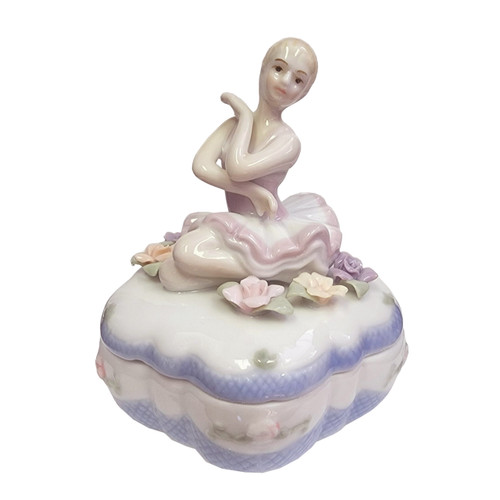 Nutcracker Ballet Gifts 96380 Porcelain Flower Shaped Trinket Box with Ballerina Sitting in Tutu Dress