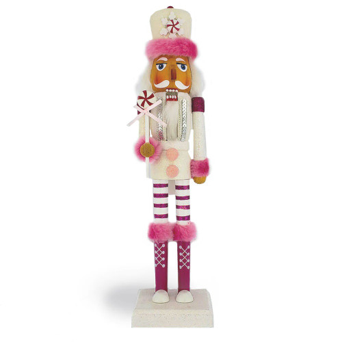 Nutcracker Ballet Gifts 14S-A 14" Slim Candy Cane Nutcracker in White and Raspberry with Pink Fur
