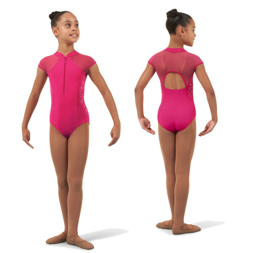 Child X-Large (14) Bloch CL4632 Zip Front Leotard with Vining Floral Print and Mesh Cap Sleeves