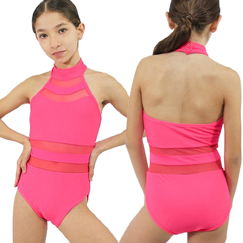 Child Medium (8) Daroch Fierce Halter Leotard with Mesh Insets - Coral Pink