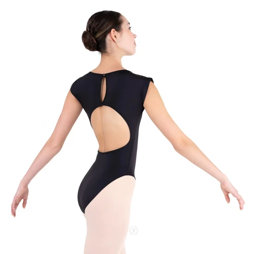 Eurotard 44491 Open Back Cap Sleeve Leotard with Built-In Bra - Black