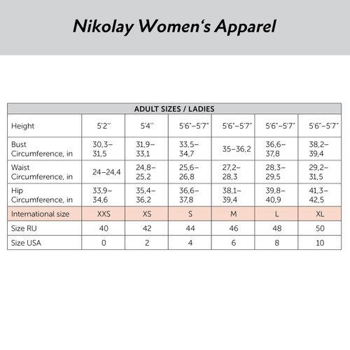 Nikolay DA2002/2MPN Elsa Tank Leotard with Mesh V Back - Size Chart Nikolay DA2002/2MPN Elsa Tank Leotard with Mesh V Back - Size Chart